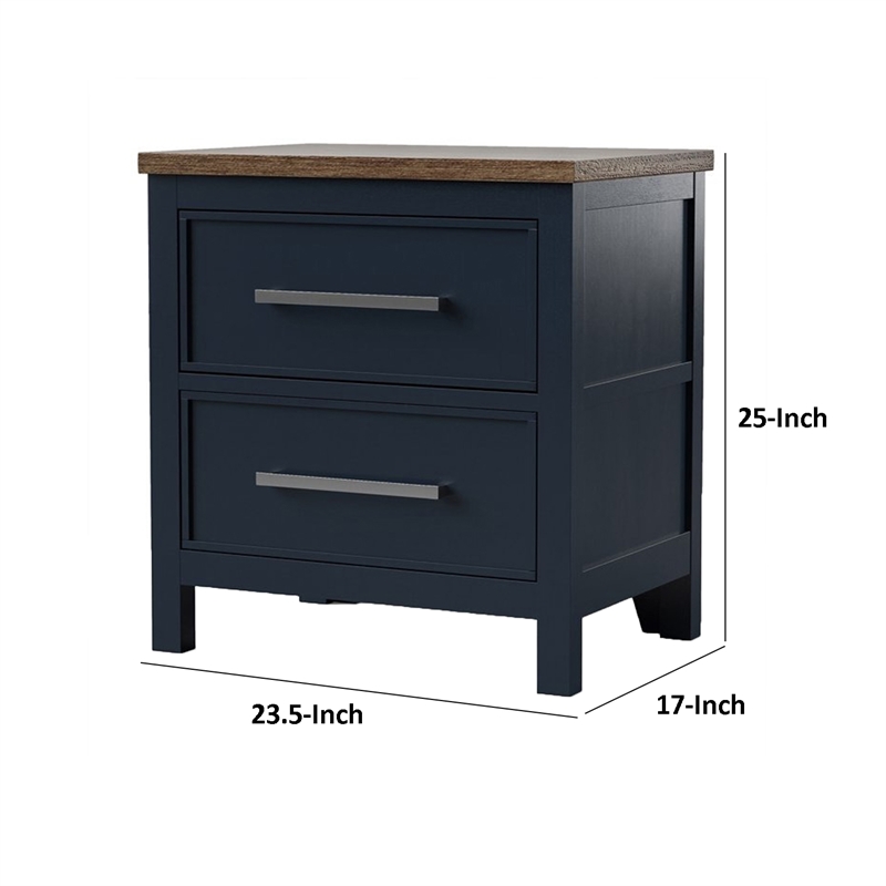 Tela Nightstand-2 Drawers-Metal Handles-25 Inch Blue Solid Pinewood
