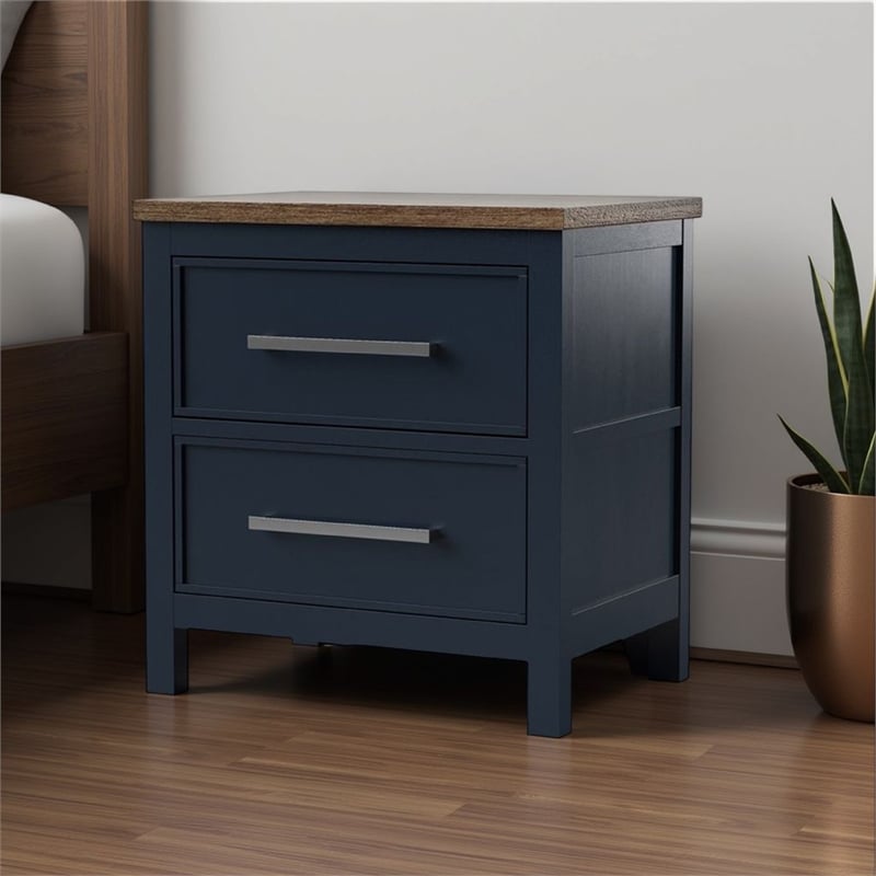 Tela Nightstand-2 Drawers-Metal Handles-25 Inch Blue Solid Pinewood