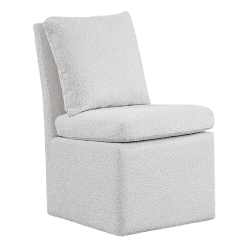 Ager Side Dining Chair with 6 Caster Wheels-Barrel Style-White Boucle