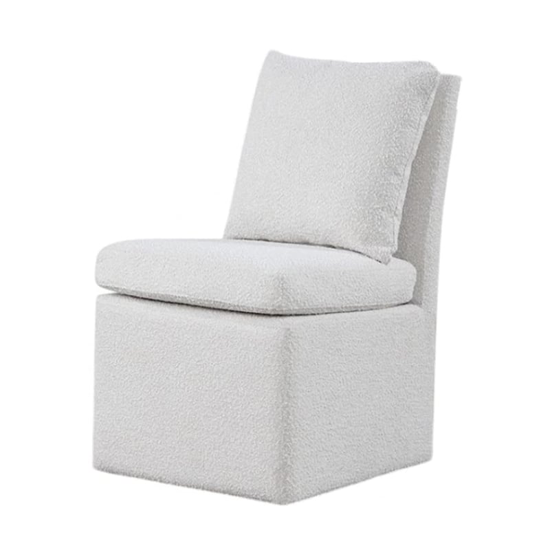 Ager Side Dining Chair with 6 Caster Wheels-Barrel Style-White Boucle