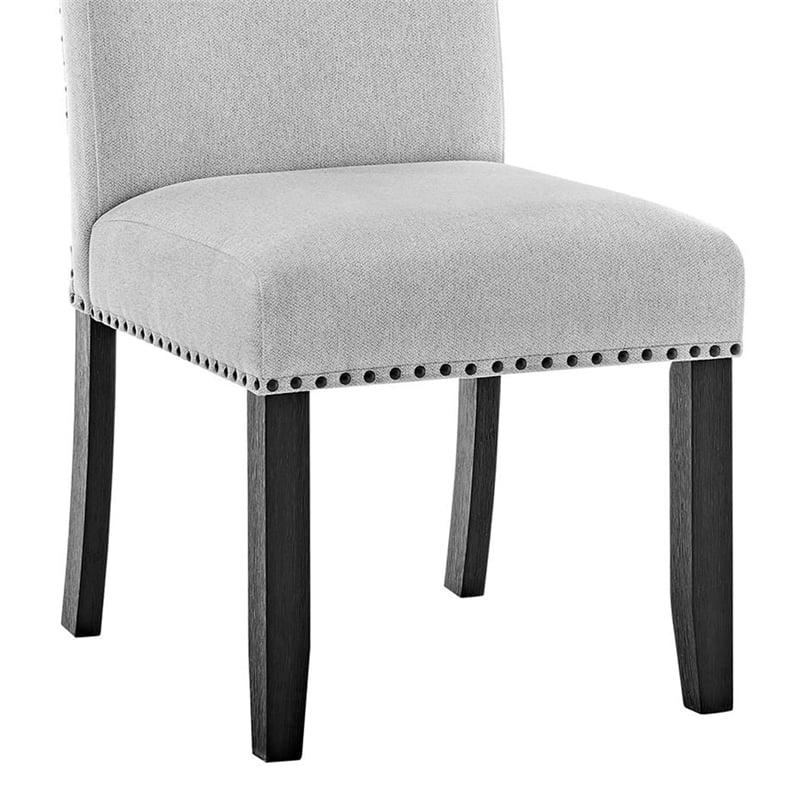 Viem Dining Chair Set of 2-Black Wood-Gray Fabric Seat-Nailhead Trim