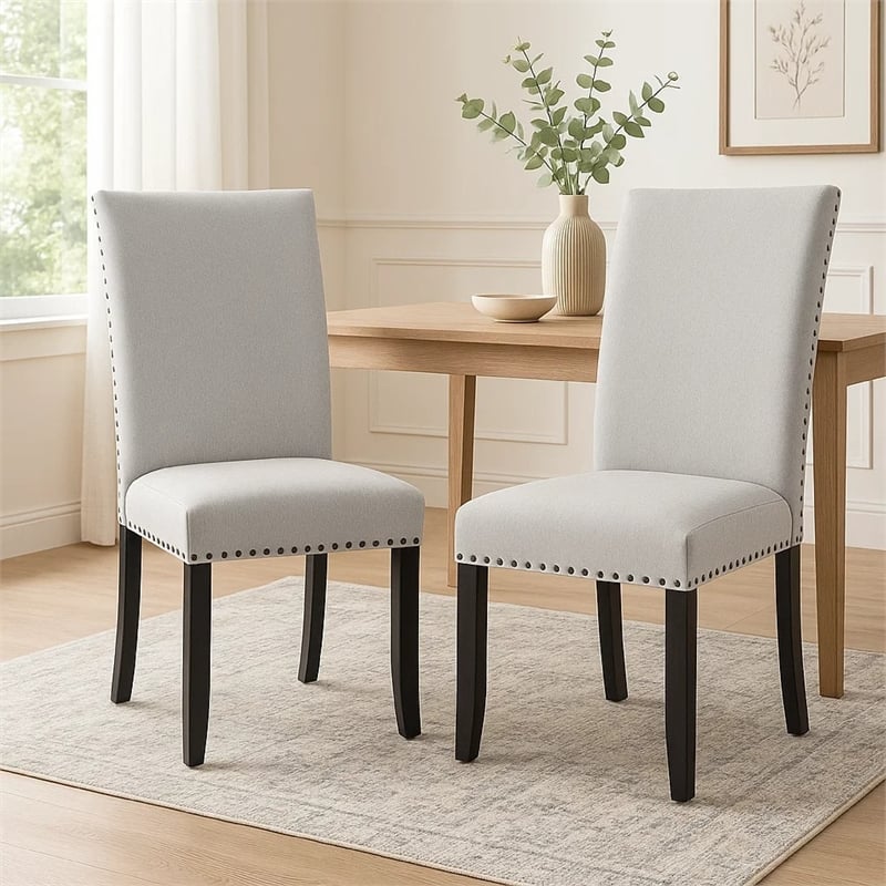 Viem Dining Chair Set of 2-Black Wood-Gray Fabric Seat-Nailhead Trim