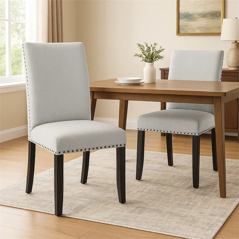 Viem Dining Chair Set of 2-Black Wood-Gray Fabric Seat-Nailhead Trim