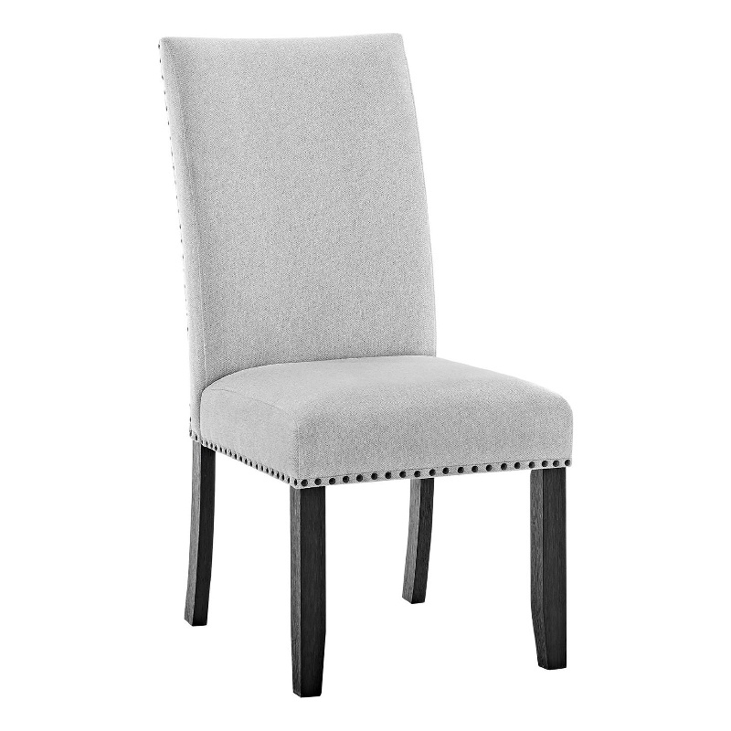 Viem Dining Chair Set of 2-Black Wood-Gray Fabric Seat-Nailhead Trim