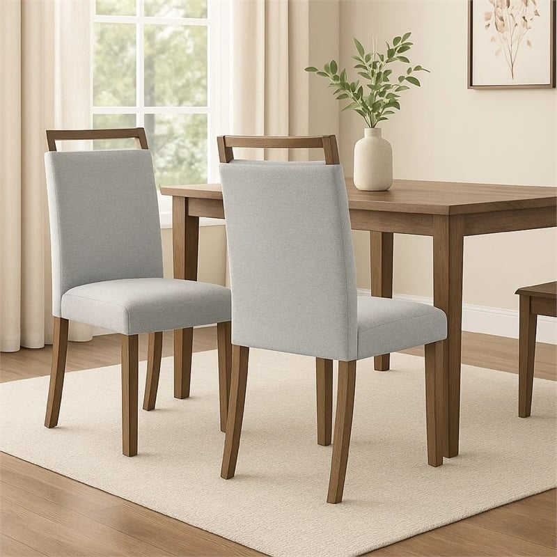 Koji Dining Chair Set of 2-Gray Fabric Padded Seat-Brown Wood Frame