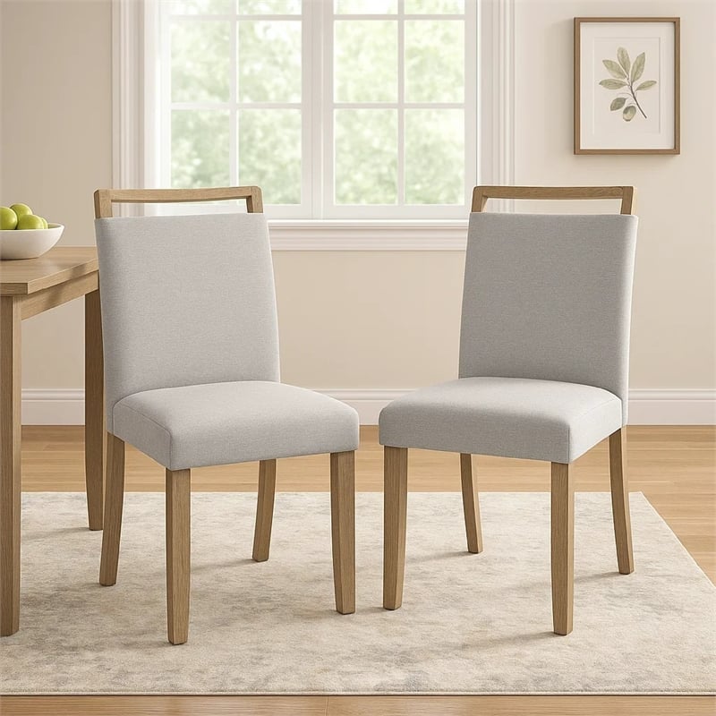 Koji Dining Chair Set of 2-Gray Fabric Padded Seat-Brown Wood Frame