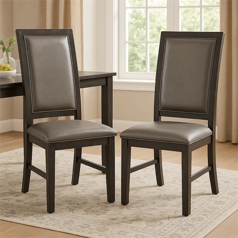 Jefy Side Dining Chair Set of 2-Gray Faux Leather-Espresso Brown Wood