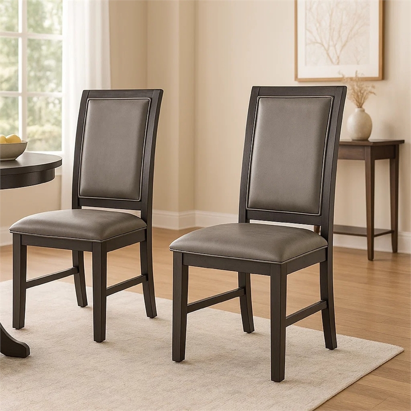 Jefy Side Dining Chair Set of 2-Gray Faux Leather-Espresso Brown Wood
