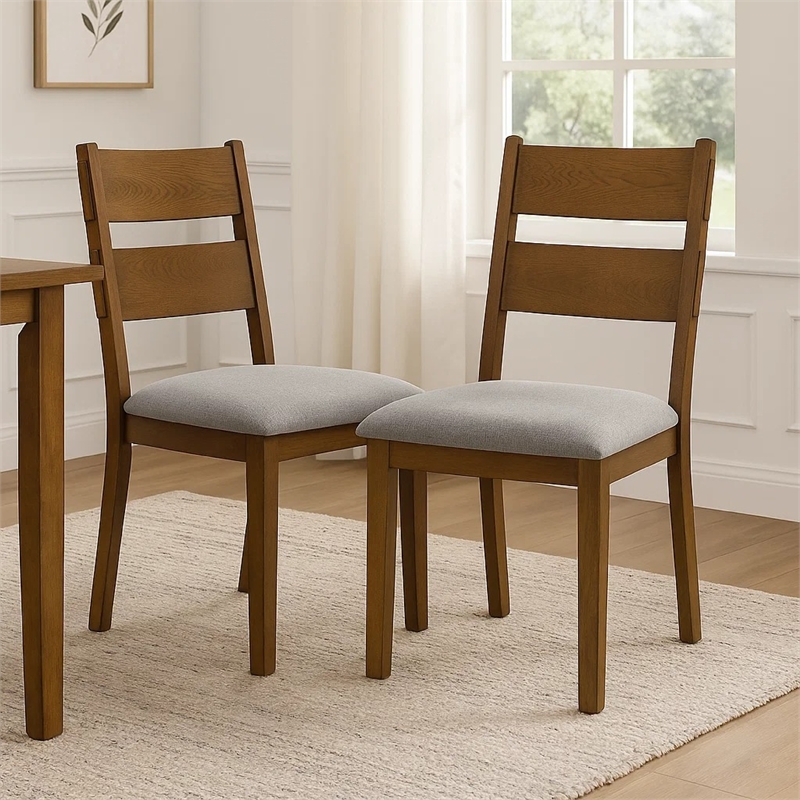 Lyoi Dining Chair Set of 2-Gray Padded Fabric Seat-Brown Wood Legs