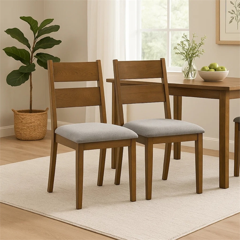Lyoi Dining Chair Set of 2-Gray Padded Fabric Seat-Brown Wood Legs