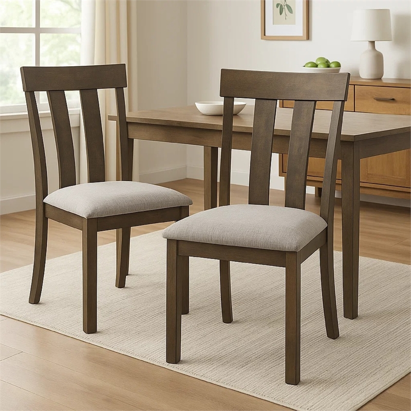 Omal Set of 2 Dining Chairs-Brown Wood Slatted Back-Gray Fabric Seat