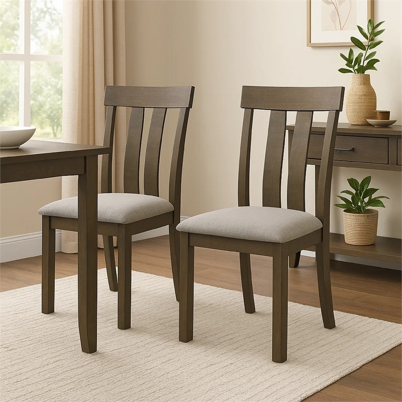 Omal Set of 2 Dining Chairs-Brown Wood Slatted Back-Gray Fabric Seat