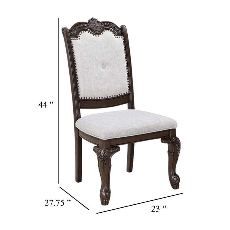 Cary Side Dining Chair Set of 2-Beige Linen-Scrolled Coffee Brown Wood