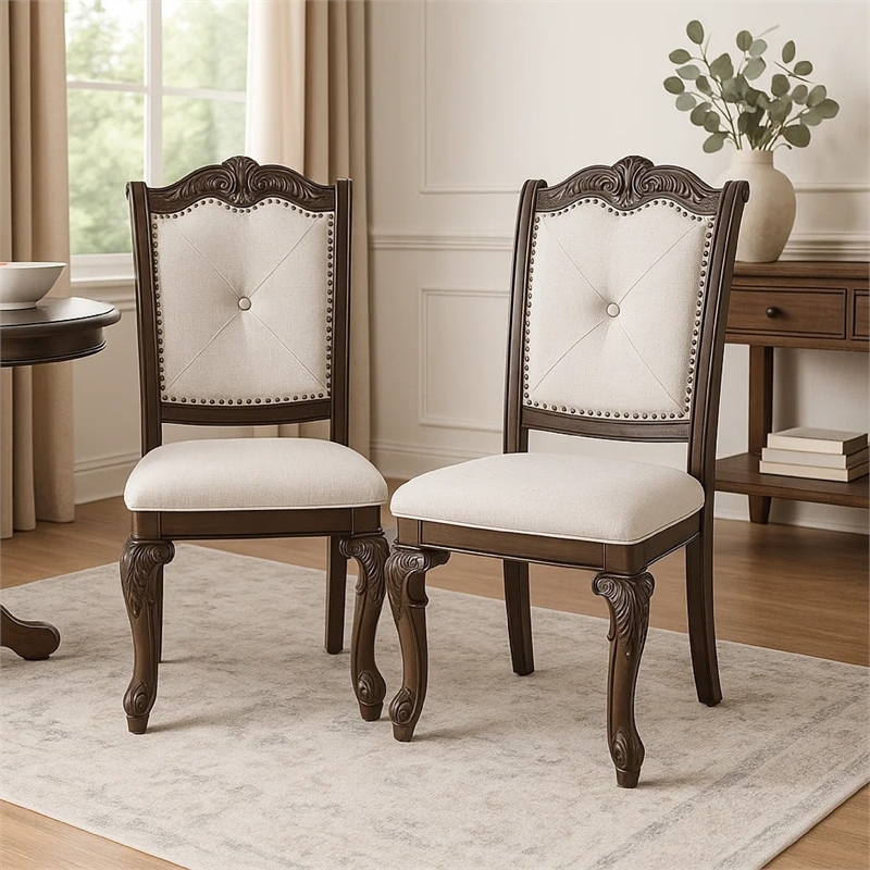 Cary Side Dining Chair Set of 2-Beige Linen-Scrolled Coffee Brown Wood