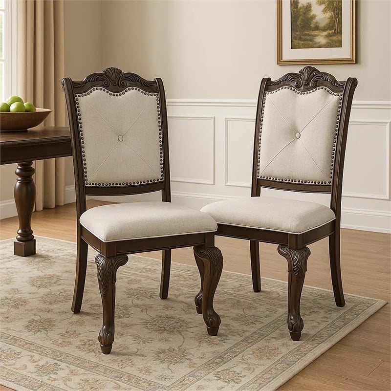 Cary Side Dining Chair Set of 2-Beige Linen-Scrolled Coffee Brown Wood
