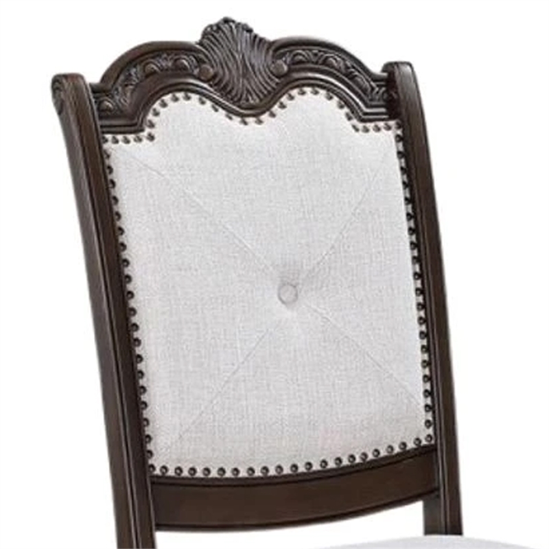 Cary Side Dining Chair Set of 2-Beige Linen-Scrolled Coffee Brown Wood