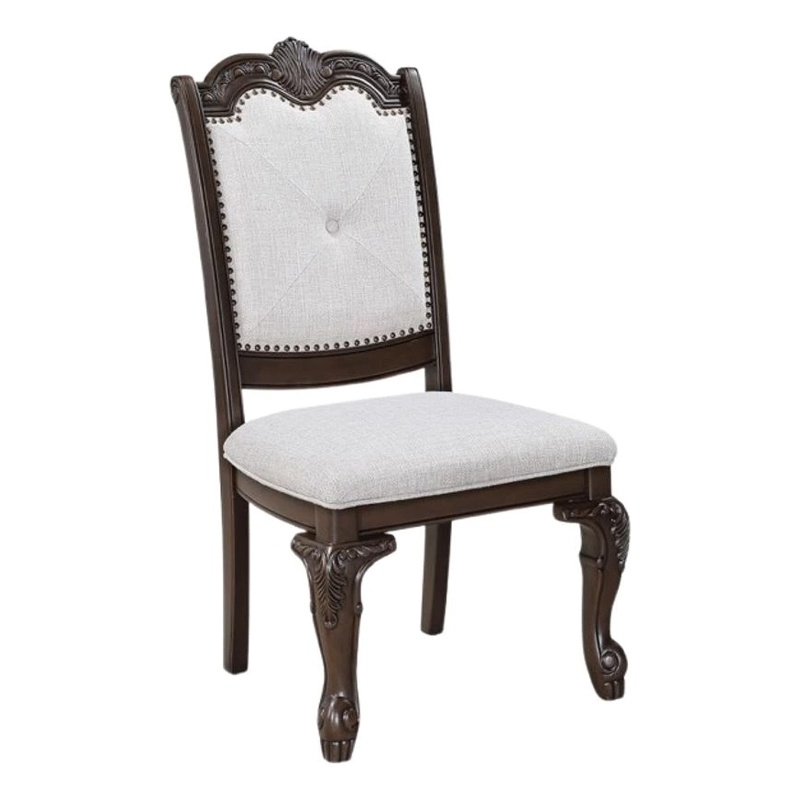 Cary Side Dining Chair Set of 2-Beige Linen-Scrolled Coffee Brown Wood