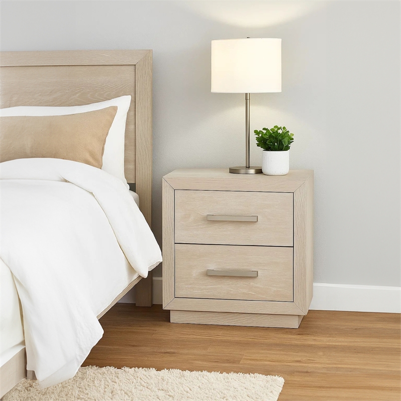 Kexa Nightstand-USB and LED-2 Drawers Chrome Handles-Light Gray
