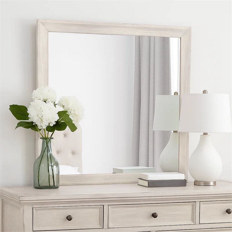 Dresser Mirror-Antique White Poplar Wood Frame-Square 40 Inch