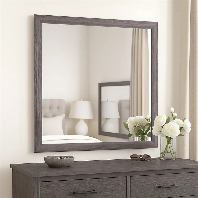 Dresser Mirror-Foil Gray Solid Wood-35x39 Broad Frame Design