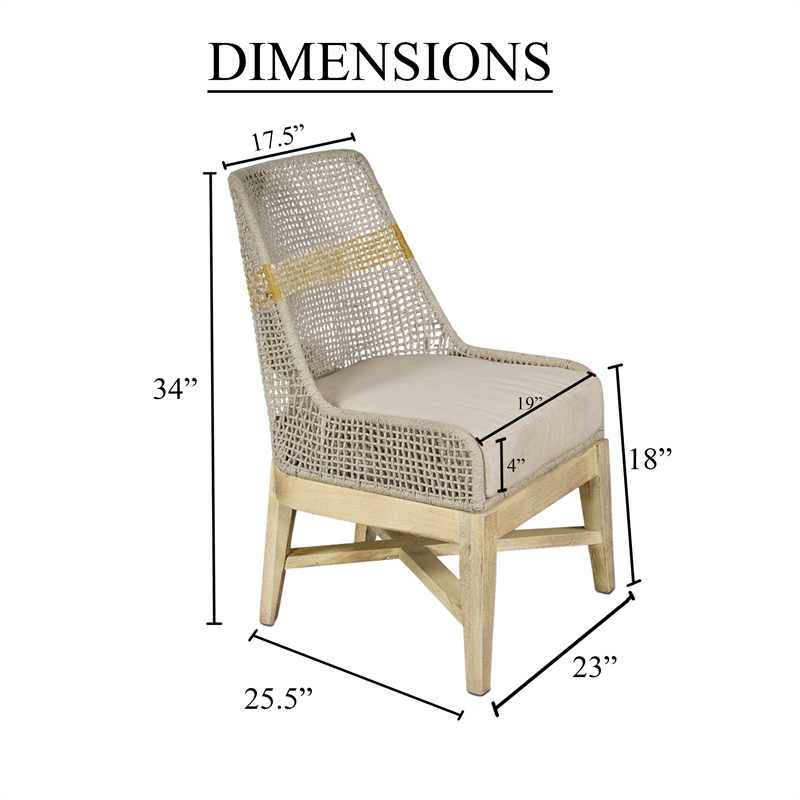 Set of 2 Dining Chairs-Handcrafted Mango Wood-Cotton Rope Weaving-Beige Cushion