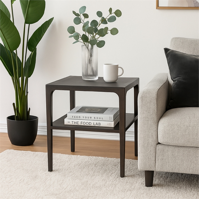 Geni Corner Table-22 Inch Square Top w Shelf-Parsons Style Java Gray