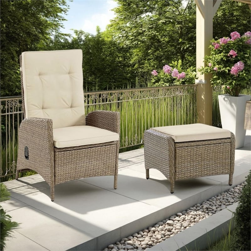 Ankia 4pc Outdoor Reclining Chair and Ottoman Set-Beige Brown Woven