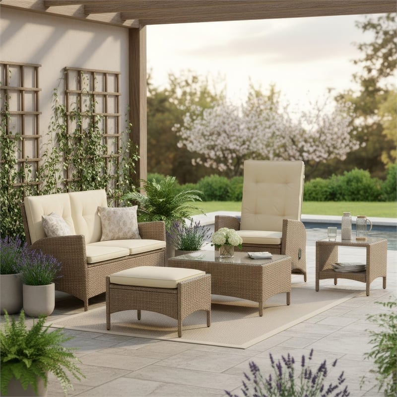 Ankia 4pc Outdoor Reclining Chair and Ottoman Set-Beige Brown Woven