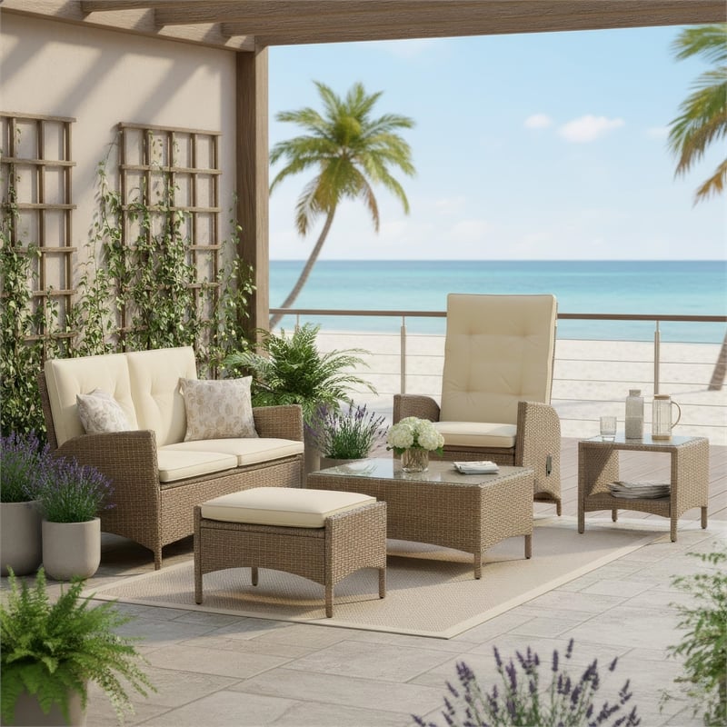 Ankia 4pc Outdoor Reclining Chair and Ottoman Set-Beige Brown Woven