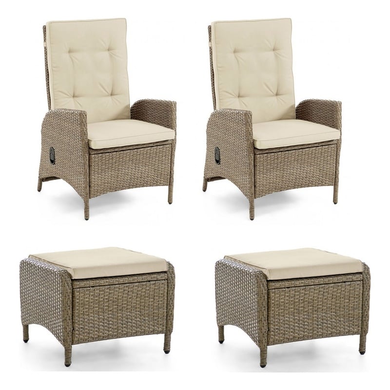 Ankia 4pc Outdoor Reclining Chair and Ottoman Set-Beige Brown Woven