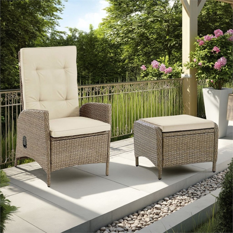 Ankia 4pc Outdoor Reclining Chair and Ottoman Set-Beige Brown Woven