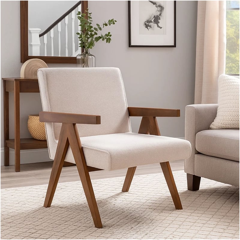 Cid Jose Accent Chair Set of 2-Beige Polyester-Walnut Brown Wood