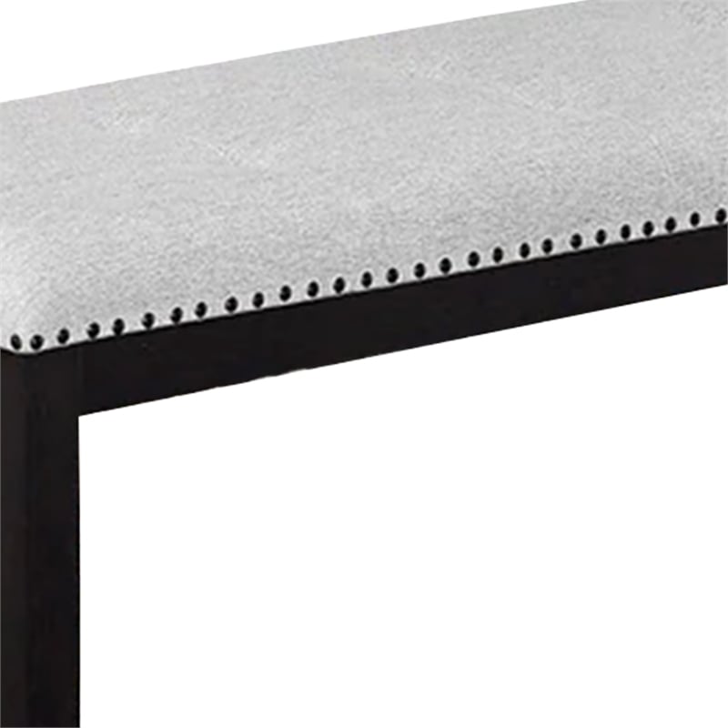 Amber Dining Bench-Gray Fabric Seat w Nailheads-Black Wood-48 Inch