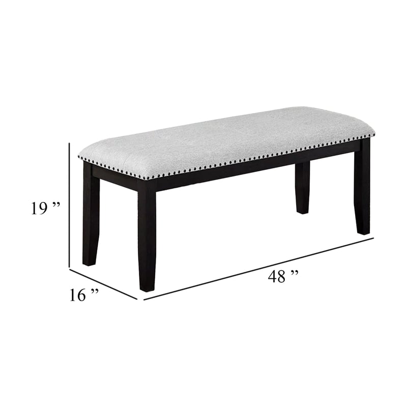 Amber Dining Bench-Gray Fabric Seat w Nailheads-Black Wood-48 Inch