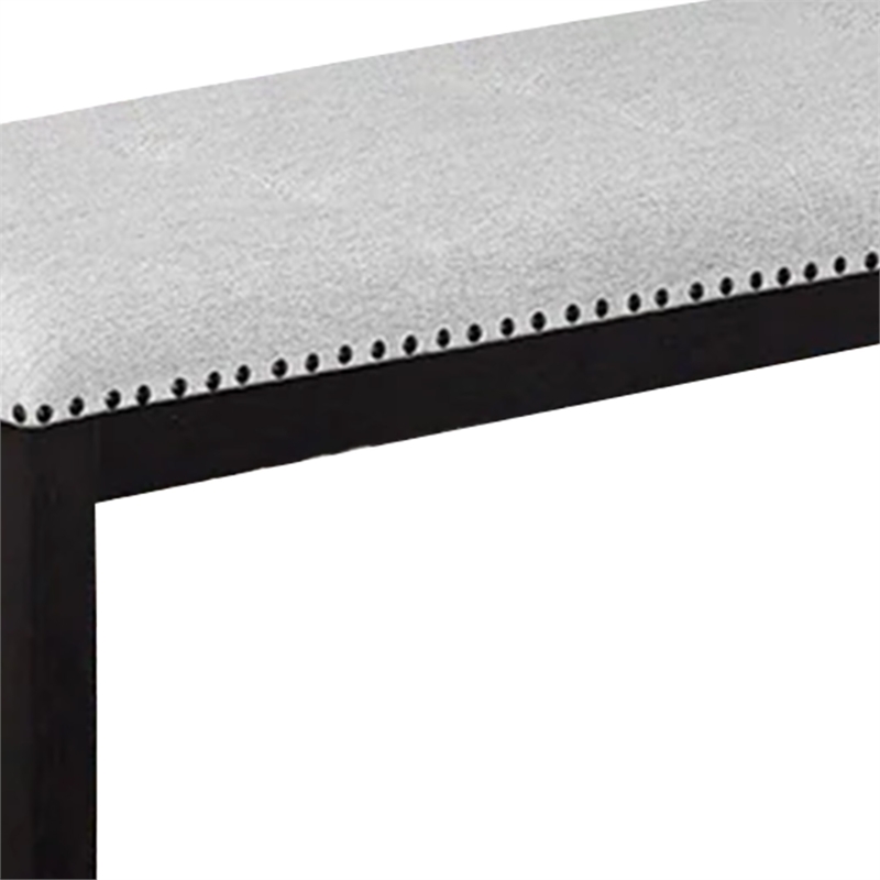 Amber Dining Bench-Gray Fabric Seat w Nailheads-Black Wood-48 Inch