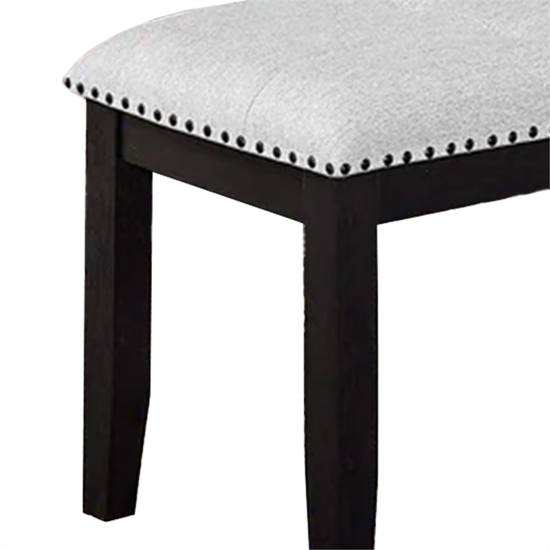 Amber Dining Bench-Gray Fabric Seat w Nailheads-Black Wood-48 Inch