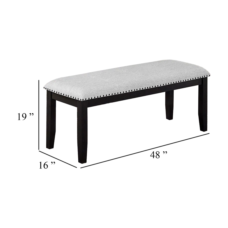 Amber Dining Bench-Gray Fabric Seat w Nailheads-Black Wood-48 Inch