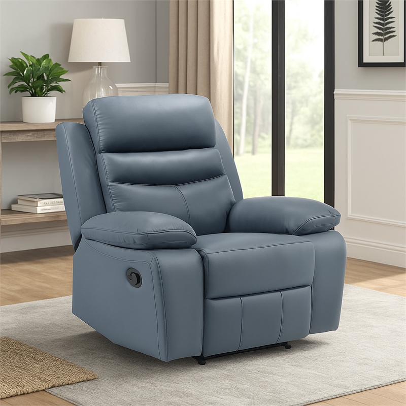 Hanna Manual Reclining Chair-Blue Top Grain Leather Cushions