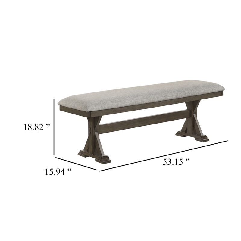 Omal Dining Bench-Brown Wood-53 Inch Rectangular Gray Fabric Seat