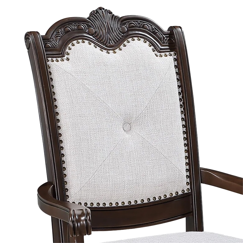 Cary Dining Armchair Set of 2-Beige Linen-Scrolled Coffee Brown Wood