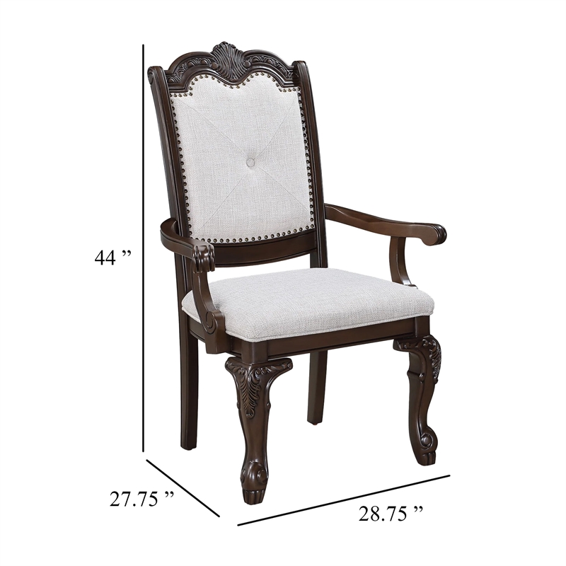 Cary Dining Armchair Set of 2-Beige Linen-Scrolled Coffee Brown Wood