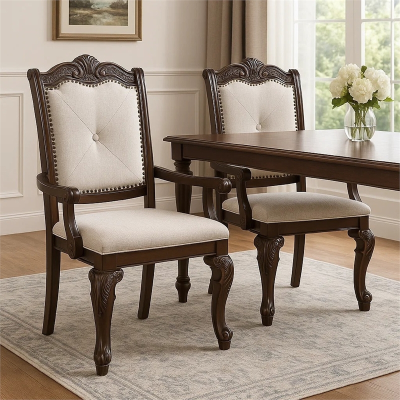 Cary Dining Armchair Set of 2-Beige Linen-Scrolled Coffee Brown Wood