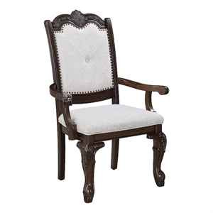 Cary Dining Armchair Set of 2-Beige Linen-Scrolled Coffee Brown Wood