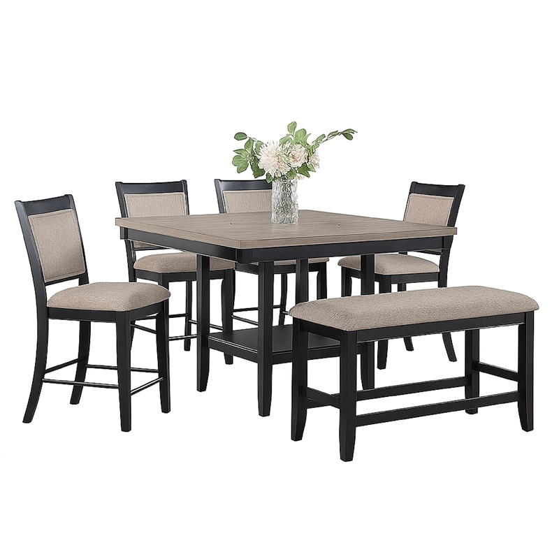 Filu Counter Height Dining Bench-Black Wood-Light Gray Linen-40 Inch