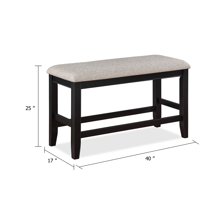 Filu Counter Height Dining Bench-Black Wood-Light Gray Linen-40 Inch