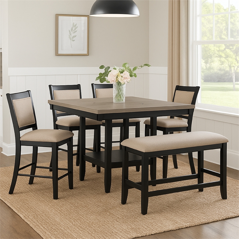 Filu Counter Height Dining Bench-Black Wood-Light Gray Linen-40 Inch