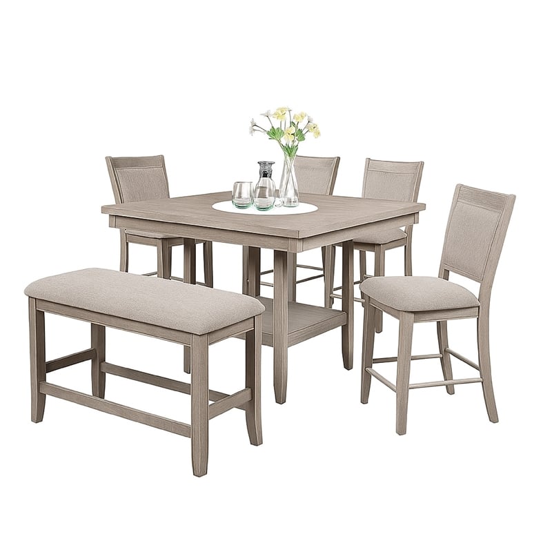 Filu Counter Height Chair Set of 2-White Oak Wood-Light Gray Fabric