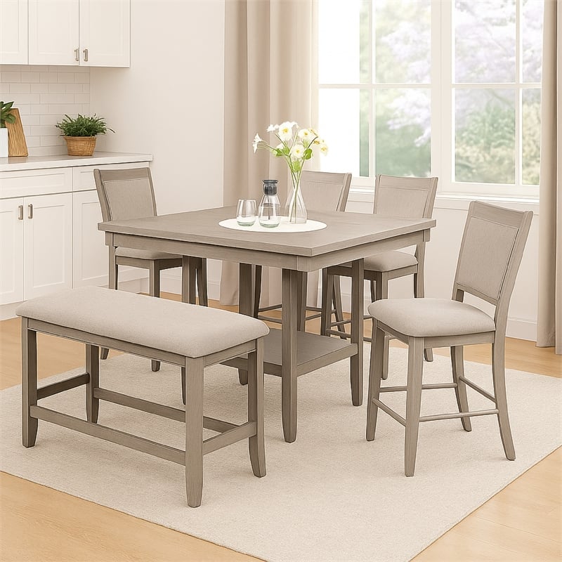 Filu Counter Height Chair Set of 2-White Oak Wood-Light Gray Fabric