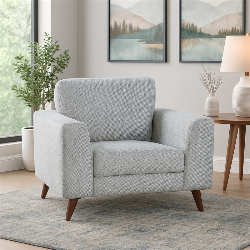 Ricca Armchair-Blue Gray Chenille-Foam-Angled Brown Wood Legs