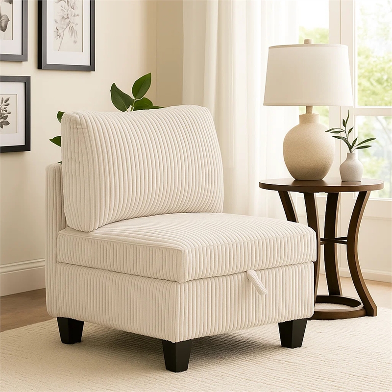 Ellene Modular Armless Chair With Storage-Soft Beige Corduroy